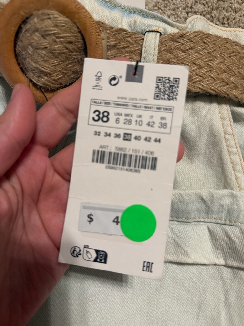 ZARA NWT Pale light Blue High-Waist Paperbag Denim Shorts with Woven Tan Belt - Picture 5 of 5